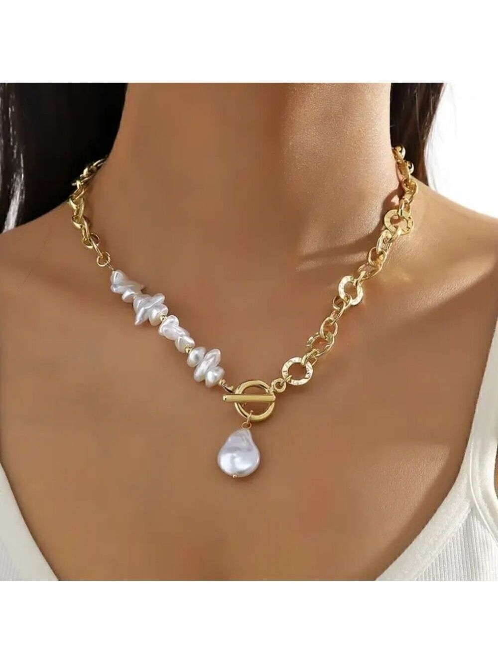 Baroque Style Lab Pearl Pendant Necklace with Round Gold Tone Chain - Picture 8 of 8
